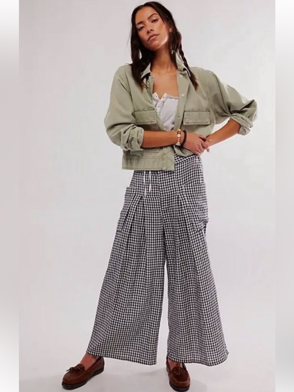 Free People East Side Trousers Plaid Relaxed Fit‎ Button Fly Black White Medium